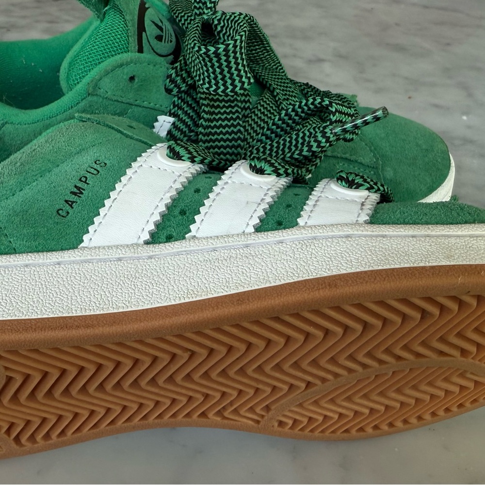 adidas Campus Green Suede Sneakers with White Stripes and Gum Sole - Picture 7 of 7